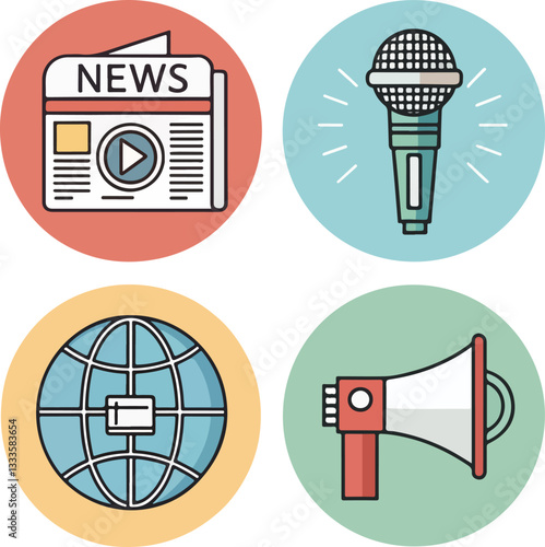 Media and News Icons Set  Editable Stroke Vector Illustration
