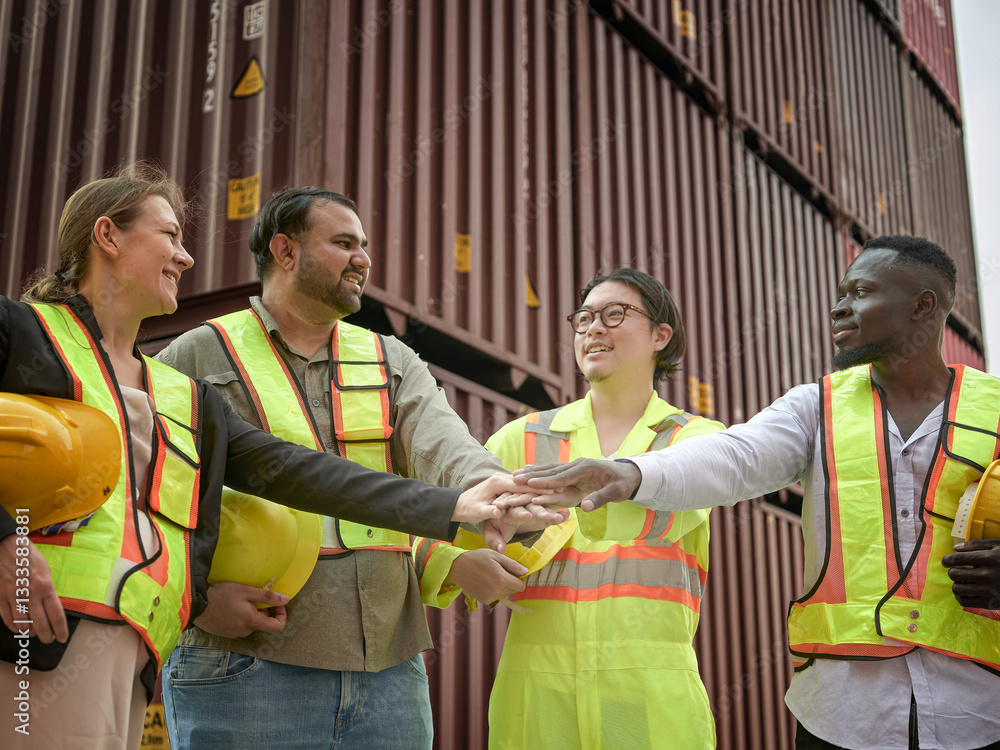 A diverse team of logistics professionals in safety vests shaking hands and communicating, working together in a warehouse with cargo containers in the background.