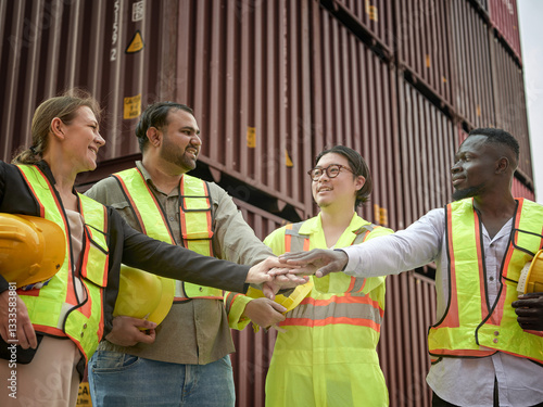 Obraz na płótnie A diverse team of logistics professionals in safety vests shaking hands and communicating, working together in a warehouse with cargo containers in the background. w salonie
