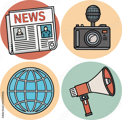 Media and News Icons Set  Editable Stroke Vector Illustration