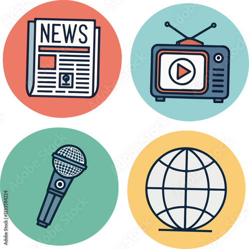 Media and News Icons Set  Editable Stroke Vector Illustration