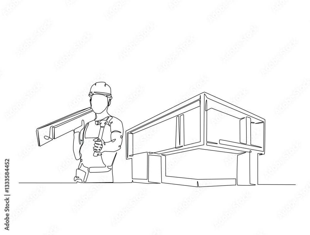 Continuous line art drawing of house and repairman with woods. Carpenter and house in one line drawing illustration. Editable stroke. Continuous line art drawing of house and repairman with woods. Carpenter and house in one line drawing illustration. Editable stroke.