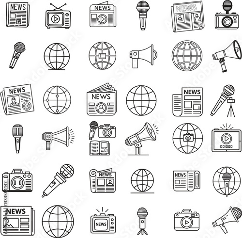 Media and News Icons Set  Editable Stroke Vector Illustration