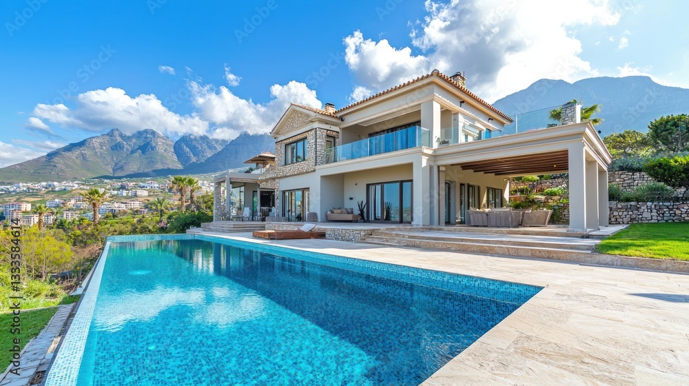 Fototapeta premium A luxury villa with an infinity pool and scenic mountain views.