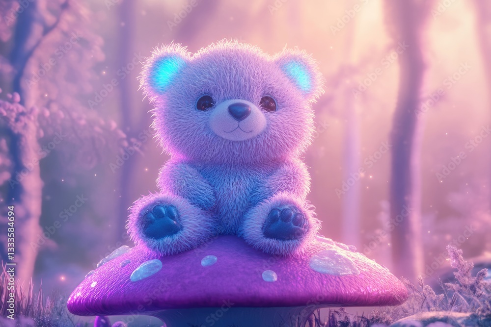 Fototapeta premium A fluffy teddy bear with glowing ears sits peacefully atop a luminous purple mushroom in a dreamy forest.