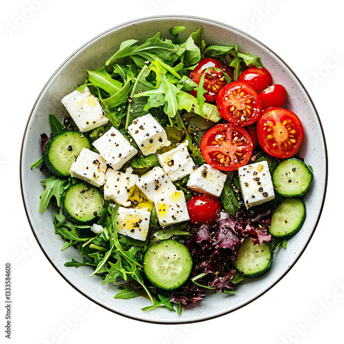 Isolated transparent png Fresh salad with cucumbers, tomatoes, feta cheese, and leafy greens.