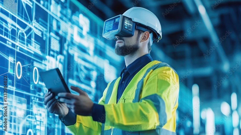 VR Technician in Factory, Reviewing Digital Plans VR Technician in Factory, Reviewing Digital Plans