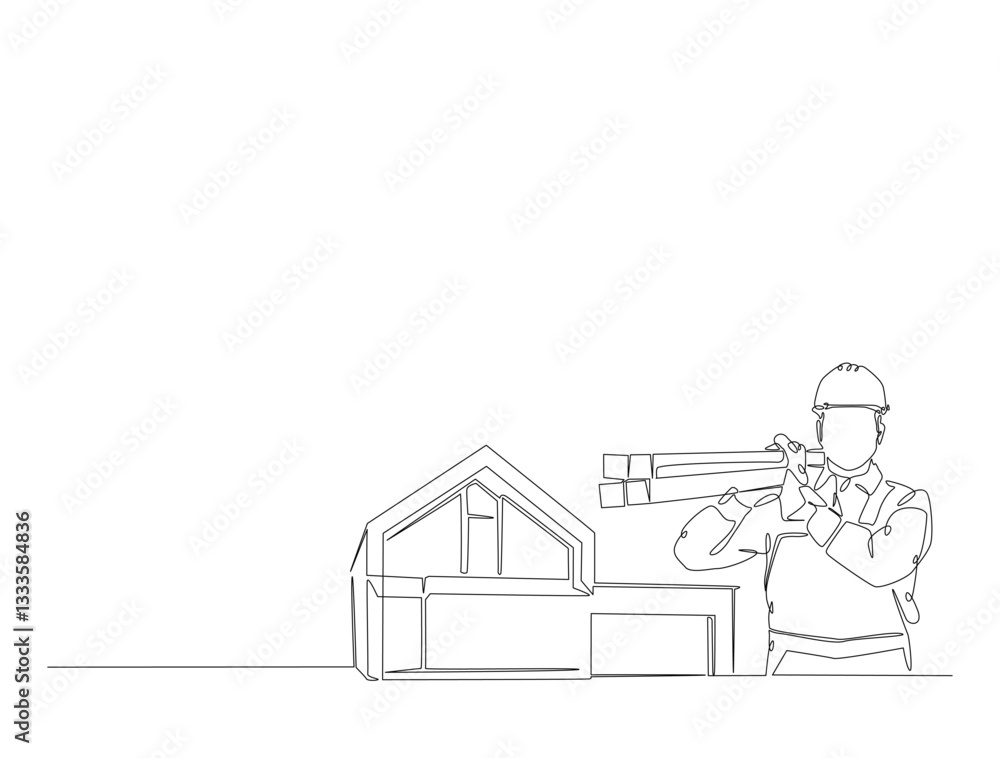 Continuous line art drawing of house and repairman with woods. Carpenter and house in one line drawing illustration. Editable stroke. Continuous line art drawing of house and repairman with woods. Carpenter and house in one line drawing illustration. Editable stroke.