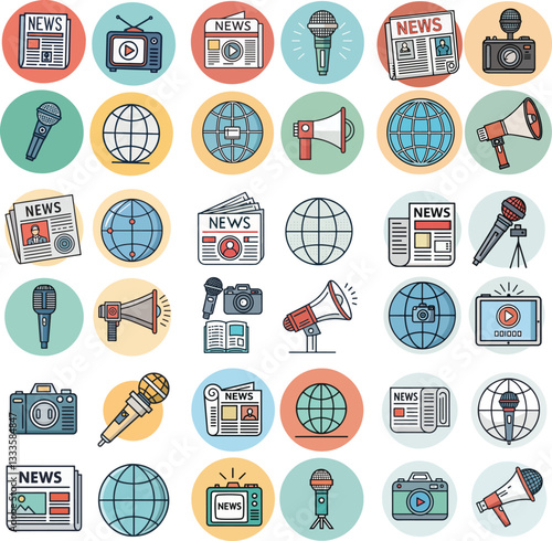 Media and News Icons Set  Editable Stroke Vector Illustration