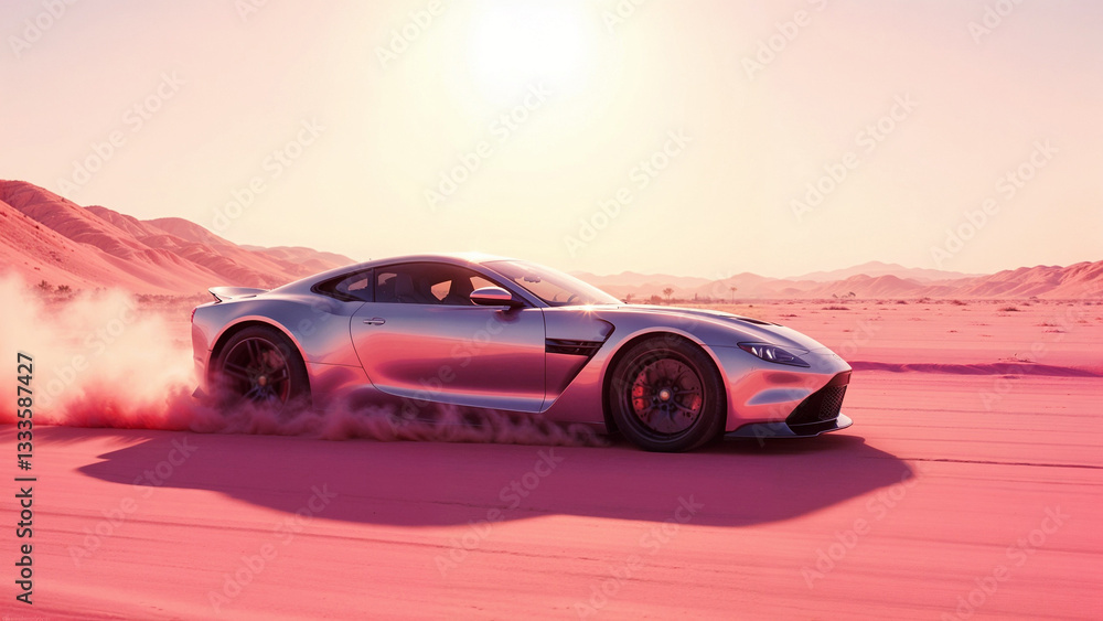 Fototapeta premium A luxury sports car drives through a vast pink desert landscape