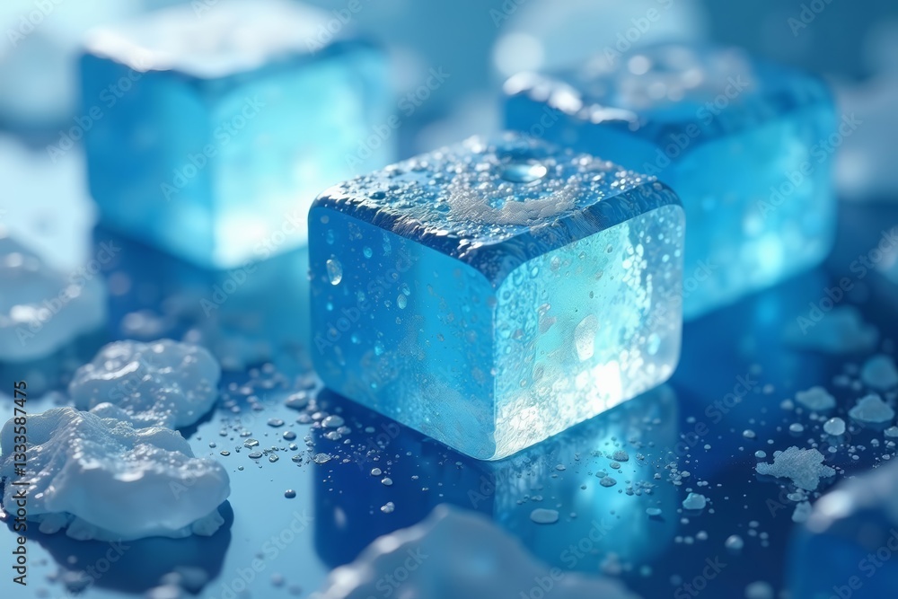 Close-up of smooth blue ice cubes with intricate textures, chilling, icy Close-up of smooth blue ice cubes with intricate textures, chilling, icy