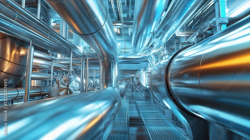 Naklejka premium Shiny Steel Pipelines Running Through Industrial Interior Space