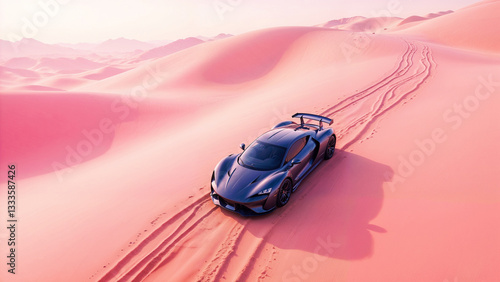 A luxury sports car drives through a vast pink desert landscape