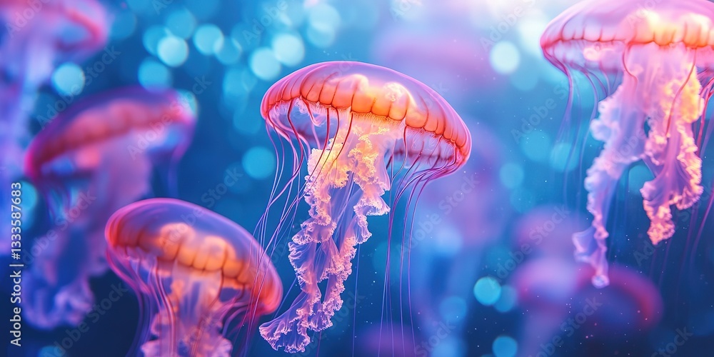 Holographic Aquarium with cosmic jellyfish drifting, sea jellyfish in under water, 8k Resolution Holographic Aquarium with cosmic jellyfish drifting, sea jellyfish in under water, 8k Resolution