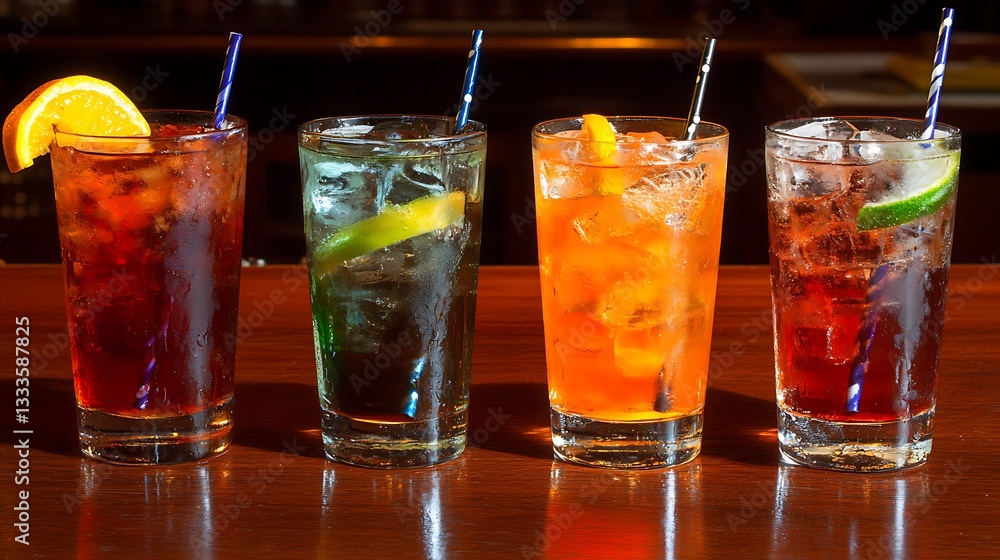 Four colorful cocktails on wooden bar Four colorful cocktails on wooden bar