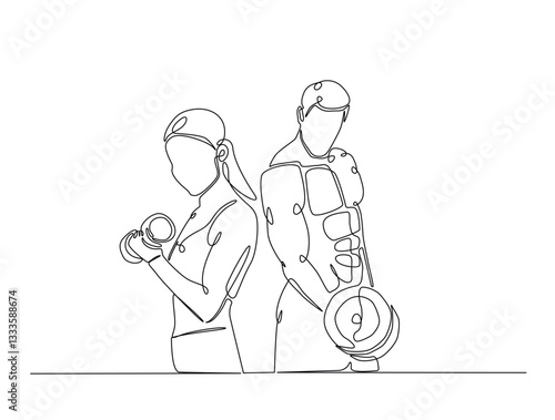Continuous line art drawing of woman and man workout using barbell. Couple training in sport gymnasium club cente in one line drawing illustration. Editable stroke.