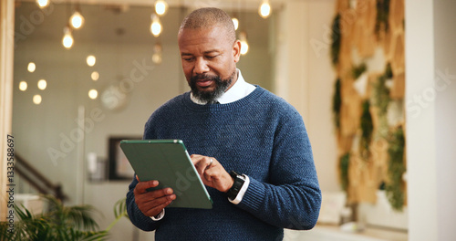 Canvas Print Tablet, research and mature businessman in lobby at hotel for corporate conference with travel
