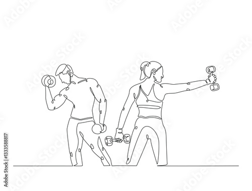 Continuous line art drawing of woman and man workout using barbell. Couple training in sport gymnasium club cente in one line drawing illustration. Editable stroke.