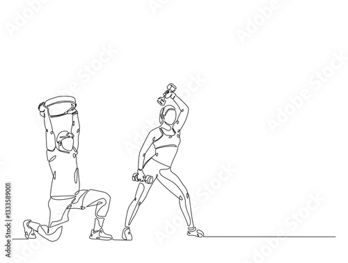Continuous line art drawing of woman and man workout using barbell. Couple training in sport gymnasium club cente in one line drawing illustration. Editable stroke.