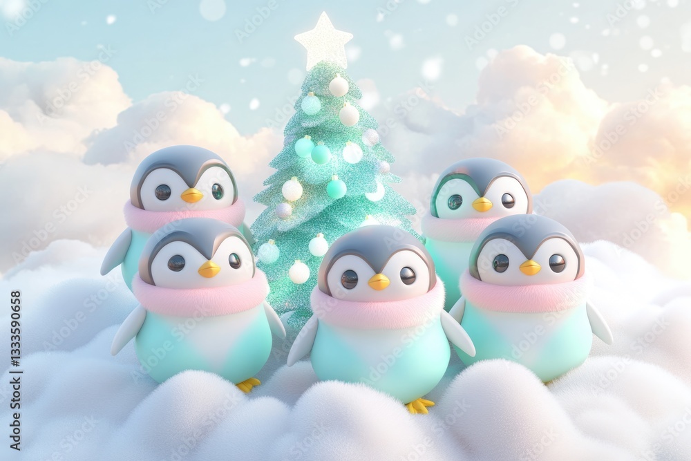 Obraz premium Adorable penguins in pastel colors celebrate Christmas near a decorated tree in a snowy, cloudy landscape.