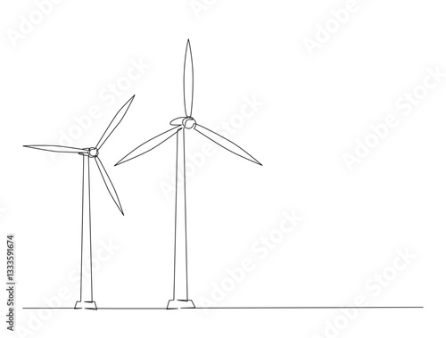 Continuous line art drawing of electricity wind turbines power. Turbines wind generator in one line drawing illustration. Editable stroke.