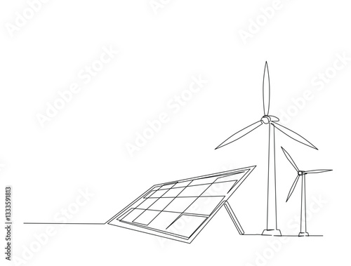 Continuous line art drawing of electricity wind turbines power. Turbines wind generator with solar panel in one line drawing illustration. Editable stroke.