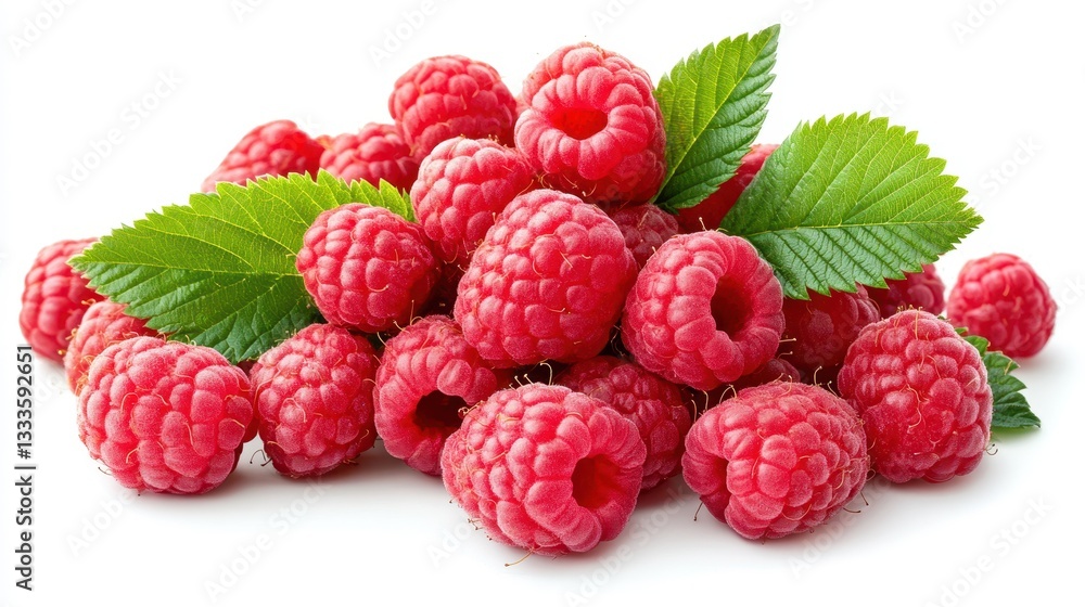 A pile of fresh raspberries with leaves, isolated on a white background. A pile of fresh raspberries with leaves, isolated on a white background.