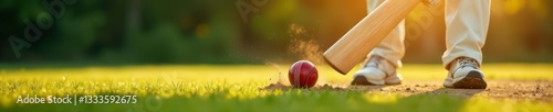 Dynamic shot of ball being hit by cricket player on field, action, field