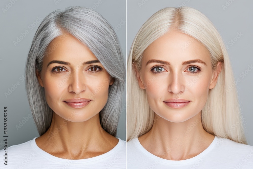 Age transformation concept with side by side digital rendering of a woman appearing both young and mature showcasing facial structure changes in a professional photography study Age transformation concept with side by side digital rendering of a woman appearing both young and mature showcasing facial structure changes in a professional photography study