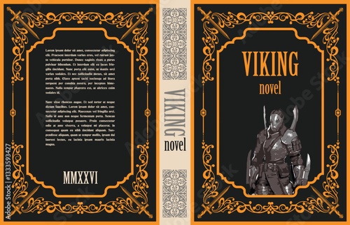 022-14-Book cover design for a viking novel, featuring a warrior illustration, decorative frame, swords, and sample text. Hand drawn illustration