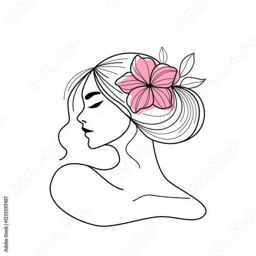 Abstract face of a beautiful girl with long hair. Flat vector illustration on a white background in a linear style