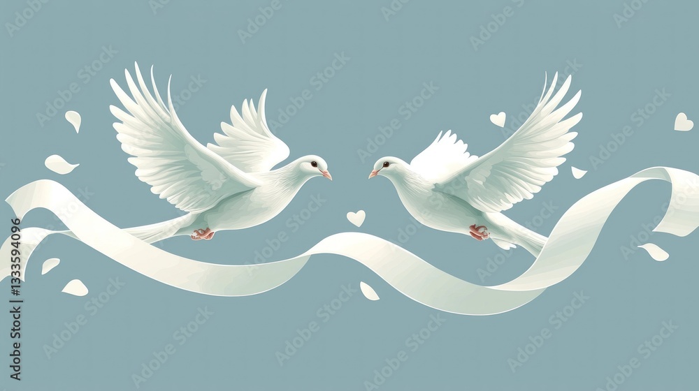 Obraz premium Two white doves flying with a decorative flowing ribbon
