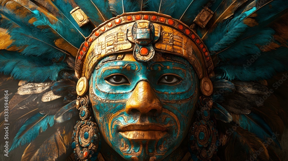 Obraz premium Rendering of an ancient Mayan mask showcasing intricate designs and vibrant colors with feathers, capturing the spirit of Mayan culture