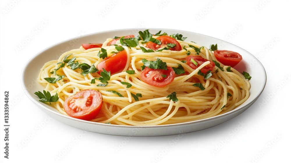A plate of spaghetti pasta adorned with fresh tomatoes and parsley is displayed against a clean white background. A plate of spaghetti pasta adorned with fresh tomatoes and parsley is displayed against a clean white background.