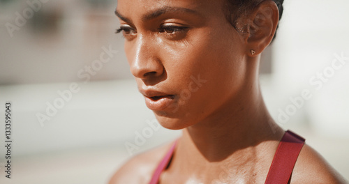 Foto Breathing, outdoor and woman with fitness, sweaty and calm with rest, exhausted and challenge
