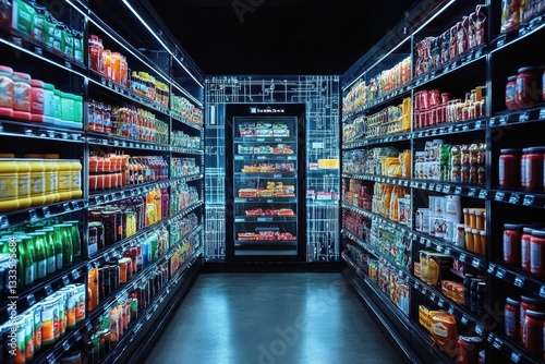 Wallpaper Mural Shelves of Abundance: The interior of a modern grocery store or convenience store aisle showcasing a diverse array of products, neatly arranged on well-stocked shelves under the glow of neon lights. Torontodigital.ca