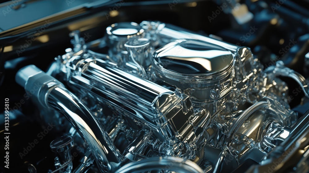Fototapeta premium A powerful and luxurious chrome car engine gleams in a workshop setting, highlighting its intricate details and polished finish.