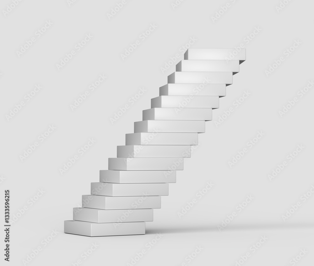 Obraz premium Stack of white rectangular blocks, slightly offset to create a leaning tower effect. 3D Illustration