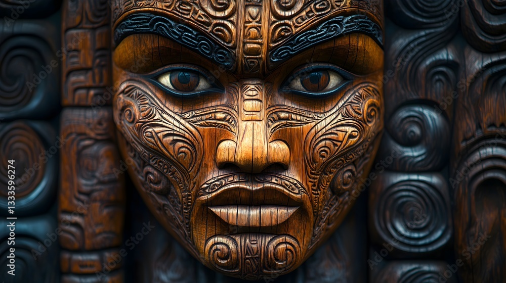Naklejka premium Intricate close-up of a Maori carving with detailed facial features showcasing cultural craftsmanship