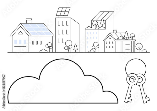 Modern housing with solar panels, eco-friendly architecture, connected cloud technology, and two security keys. Ideal for smart city, renewable energy, sustainability, data security, real estate