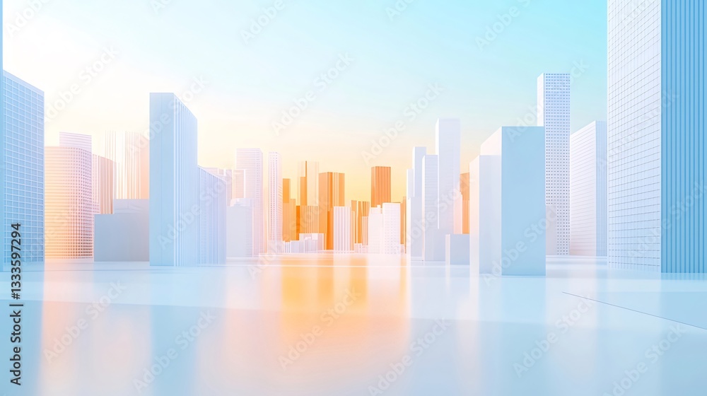 Abstract City Skyline at Sunrise with Geometric Buildings Abstract City Skyline at Sunrise with Geometric Buildings