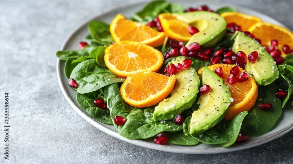 A refreshing winter salad featuring vibrant spinach, sweet orange slices, creamy avocado, and juicy pomegranate seeds. A refreshing winter salad featuring vibrant spinach, sweet orange slices, creamy avocado, and juicy pomegranate seeds.