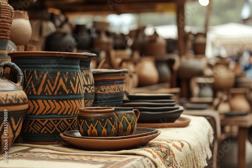 Artisan Pottery Display: A vibrant and diverse array of handcrafted pottery, meticulously arranged for display, showcasing intricate designs and earthy textures.