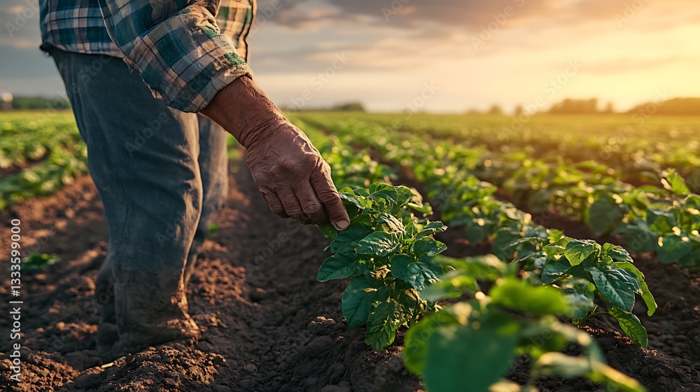 Fototapeta premium Farmer examining crops in field at sunset for agriculture