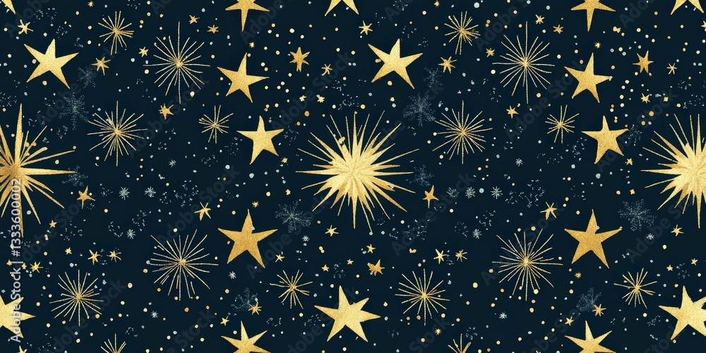 Minimalist holiday pattern featuring stars and snowflakes in gold on a navy blue background Minimalist holiday pattern featuring stars and snowflakes in gold on a navy blue background