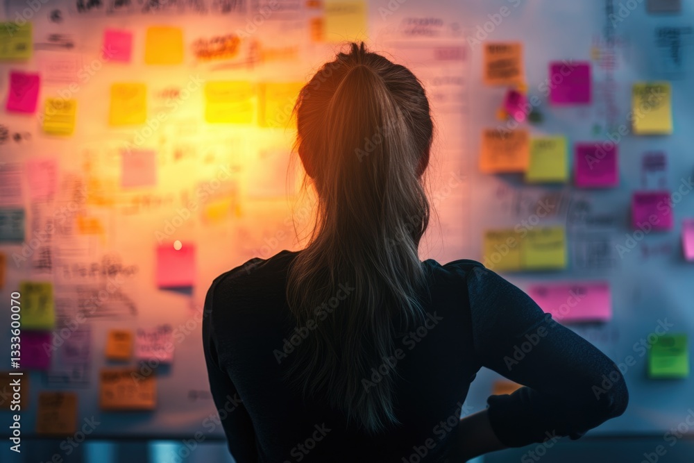 Woman reviewing colorful sticky notes on a whiteboard, planning or brainstorming. Woman reviewing colorful sticky notes on a whiteboard, planning or brainstorming.