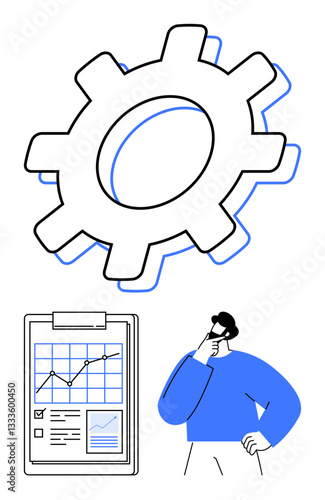 Gear symbolizing operations, clipboard with data chart, thinking professional. Ideal for business, analytics, planning, problem-solving, strategy, operations flat simple metaphor