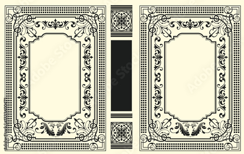 015-21-Classic book cover and spine design with intricate frames, decorative borders, and flourishes, ideal for vintage or antique book projects. Hand drawn Illustration