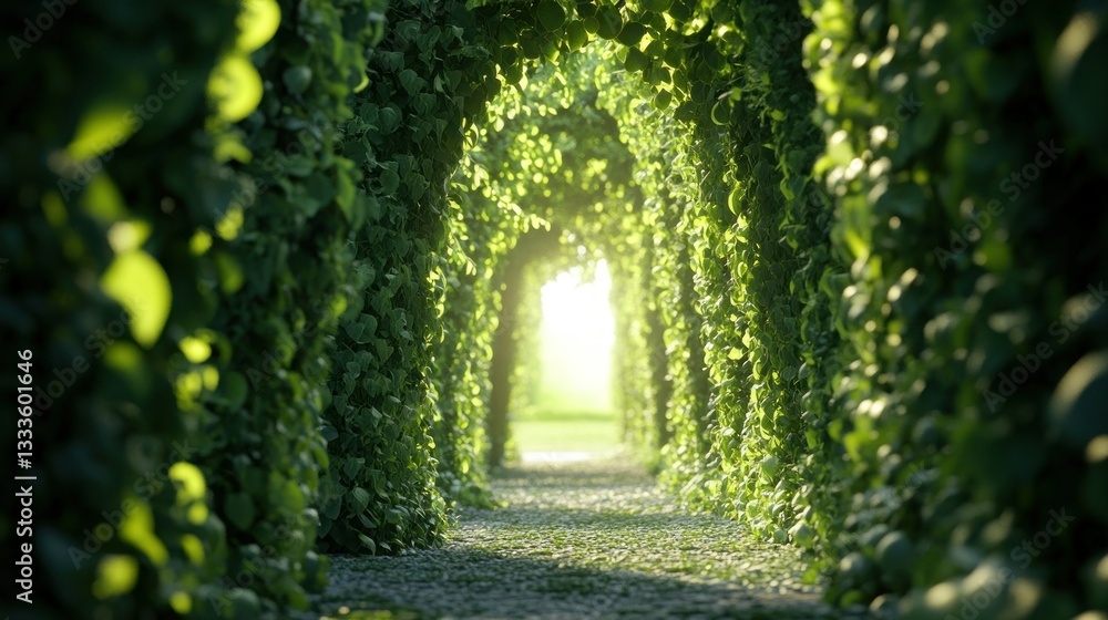 Obraz premium Lush green tunnel pathway, sunlight