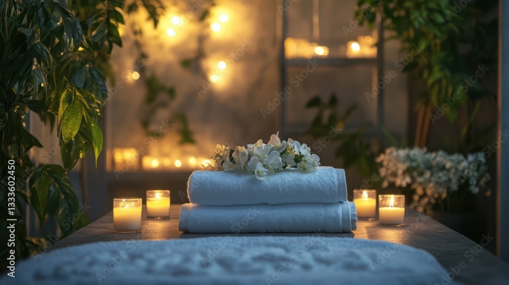 A serene spa setting featuring stacked stones, white orchids, candles, and soft towels creates a relaxing environment. A serene spa setting featuring stacked stones, white orchids, candles, and soft towels creates a relaxing environment.